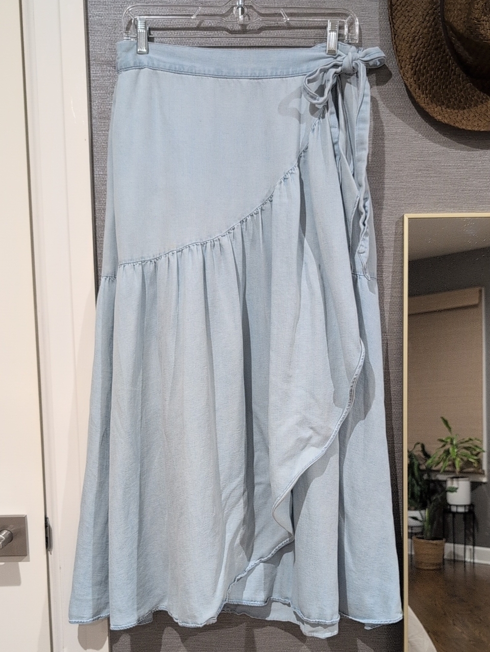 LOFT Light Blue Asymmetrical Wrap Midi Skirt